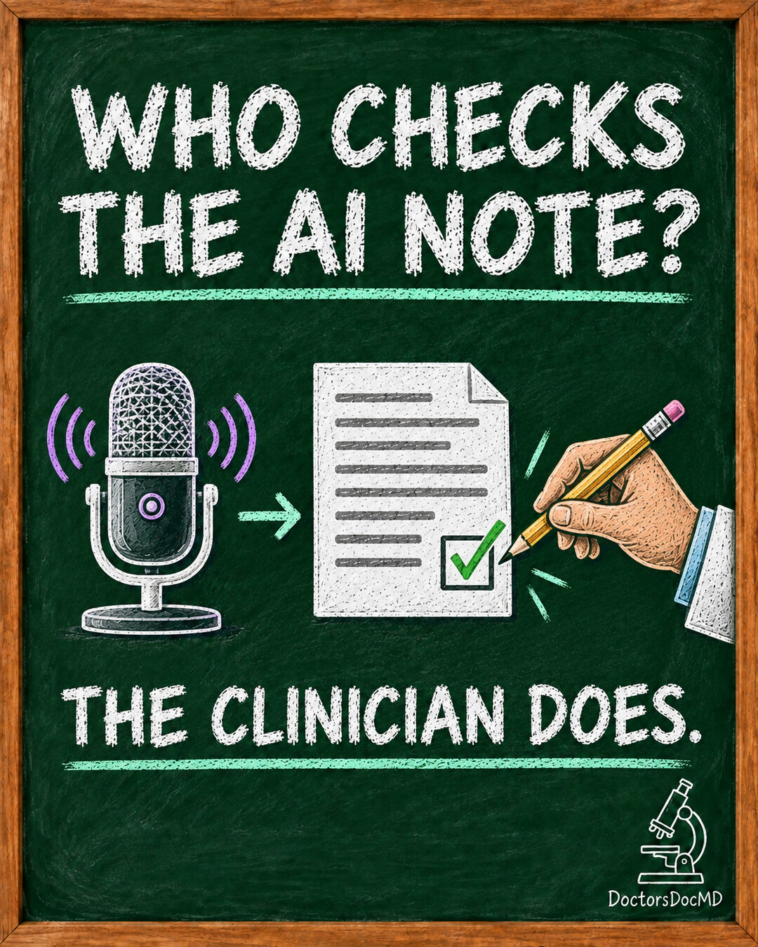 Chalkboard drawing of a microphone, AI note and a clinician reviewing it. Text reads: Who checks the AI note? The clinician does.