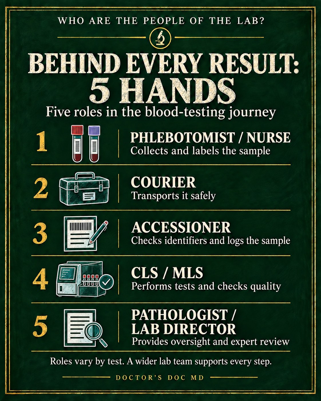 Chalkboard: Behind every result, 5 hands. Phlebotomist or nurse, courier, accessioner, CLS/MLS, pathologist or lab director.
