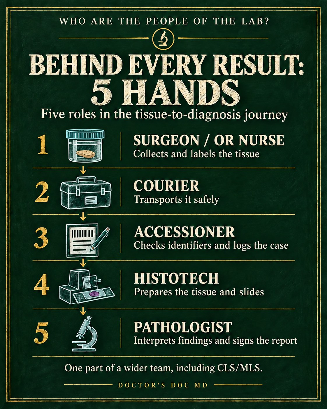 Chalkboard: Behind every result, 5 hands. Surgeon or OR nurse, courier, accessioner, histotech, pathologist.