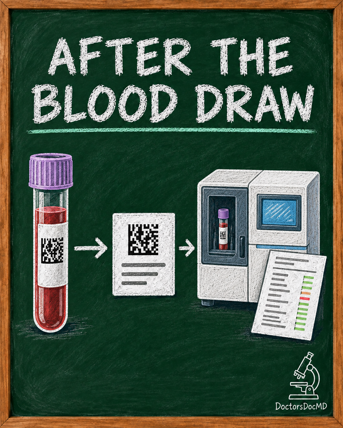 Chalkboard illustration titled After the Blood Draw, showing a labeled blood tube, barcode slip, analyzer and lab report in sequence.