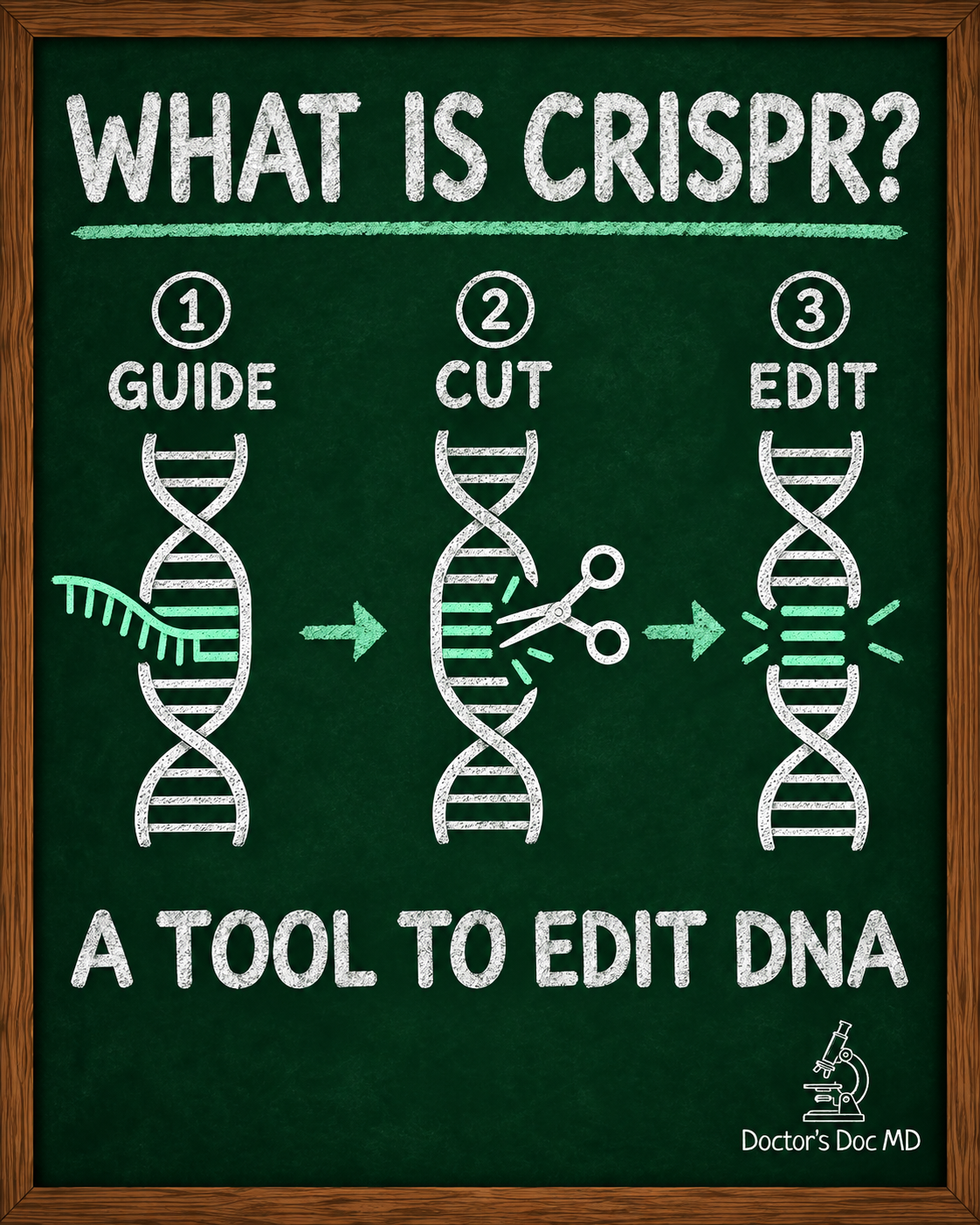 Chalkboard titled What is CRISPR? showing three steps, Guide, Cut, Edit, with a guide RNA, DNA, and cutting tool; footer reads A tool to edit DNA.