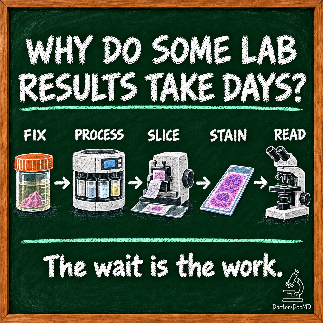 Chalkboard illustration showing the steps fix, process, slice, stain and read beneath the question Why do some lab results take days? The wait is the work.