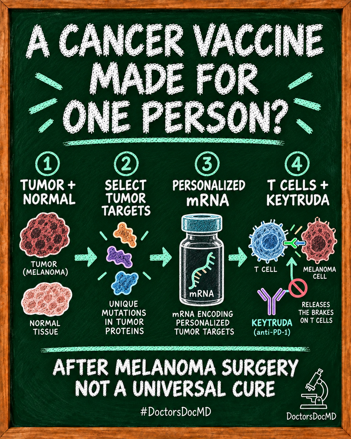Chalkboard titled A cancer vaccine made for one person? Four steps show a melanoma tumor compared with normal tissue, selected tumor targets, personalized mRNA and T cells plus Keytruda. Footer: After melanoma surgery, not a universal cure.