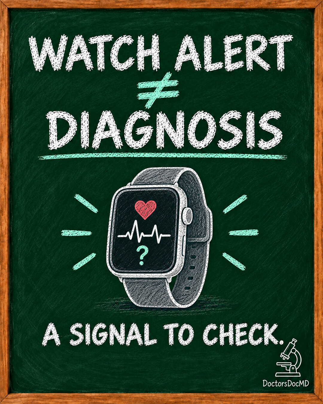 Chalkboard drawing of a smartwatch with a heart rhythm and question mark. Text reads: Watch alert is not a diagnosis. A signal to check.