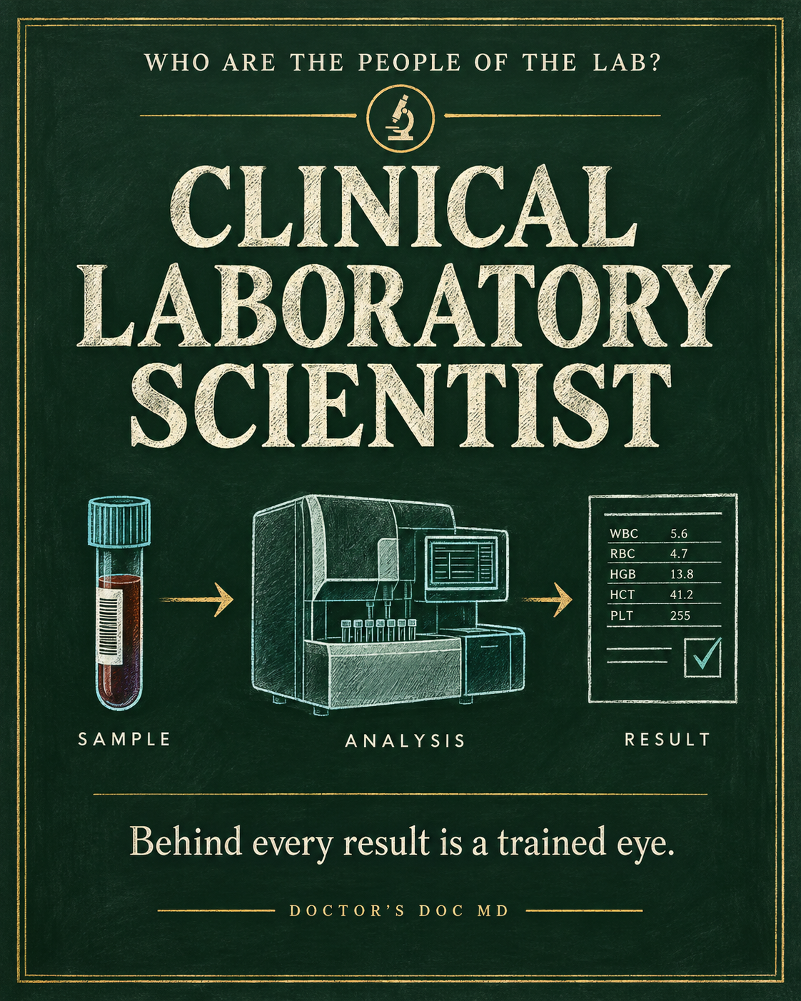Clinical laboratory scientist: sample, analysis, result. Behind every result is a trained eye.